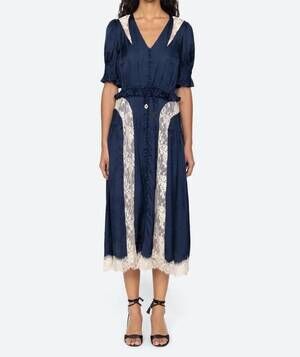 NEW SEA ethel silk lace panel puff sleeve midi dress in navy